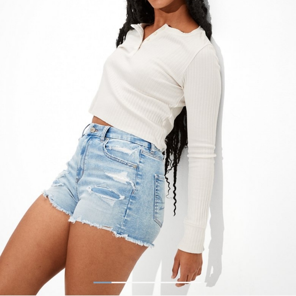 American Eagle Outfitters Light Blue Distressed High Waist Denim Shorts